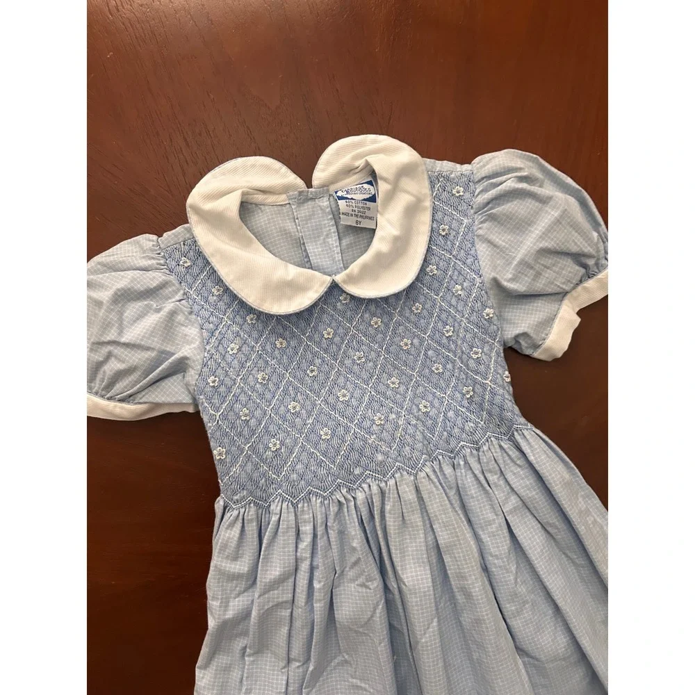 Carriage Boutiques Girls Blue Gingham Smocked Floral Peter Pan Collar Dress 6Y